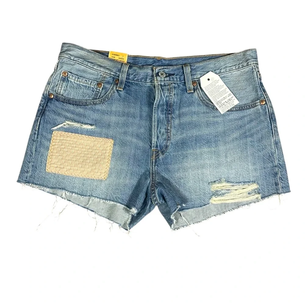Levi's 501 Original Fit Shorts Women Size 30 Blue Distressed Patch Denim NEW